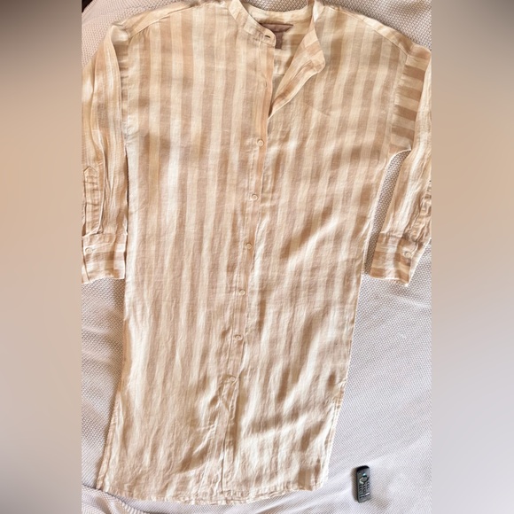 H&M Beige Striped Linen Shirtdress Maxi Dress Button Up Shirt Dress - Picture 2 of 13